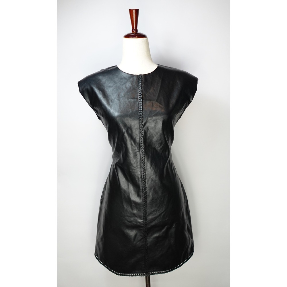 Zara Black Faux Leather Mini Dress Sleeveless Braided Seam Detail Round Neck